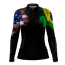 Camisa Agro Feminina Brk Bandeira Brasil Estados Unidos com UV50+