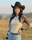 Camisa Agro Feminina BRK Pecuária Cow Print Bege com Proteção Solar UV50+