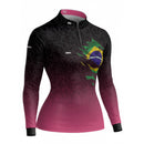 Camisa Feminina Agro Brk Camuflado Preto e Rosa Bandeira do Brasil com Proteção Solar UV50+